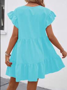 SHEIN LUNE Women Summer Solid Color Round Neck Loose Babydoll Dress With Ruffle Trim Vacation Beach Outfit