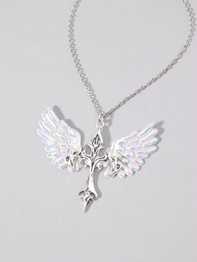 Goth 1pc Y2K Fashion Angel Wings & Flame Cross Necklace, Perfect For Daily Wear