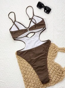 Swim SXY 女式纯色细肩带镂空后背褶饰休闲沙滩连体泳衣，夏季 - 咖啡棕 - 查看 2