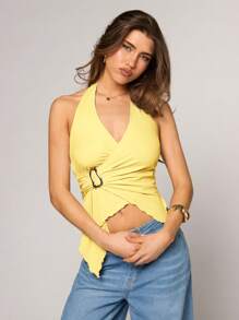 SHEIN BAE Women's Brown Irregular Hem Metal Buckle Decorated Sexy Women's Vest Is Suitable For Daily Outings, Commuting And Leisure, Afternoon Tea Parties,Summer Tops,Country Concert Outfit