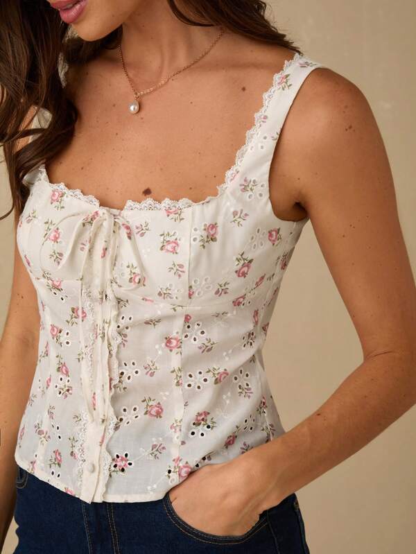 Enchnt Spring/Summer Romantic Women's Apricot Little Flower Print Floral Hollow-Out Embroidery Bowknot Camisole,Sweet&Elegant&Fashionable For Vacation&Date&Holiday&Party&Graduation&Wedding Guest,Summer Tops For Women,Summer Clothes