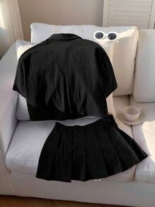 Comfortcana 女士休闲字母贴片短袖衬衫和短裤两件套，黑色，夏季 - 黑色 - 查看 2