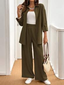 SHEIN Frenchy 2 Stücke/Set einfarbiges Hemd mit Knopfverschluss, Langarm und Hose mit elastischem Bund