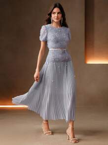 Anewsta Vestido largo elegante para mujer en azul empolvado con manga corta abullonada plisada, adornos florales, cintura ceñida, para invitada de boda, festival de verano y graduación - Azul - Ver 7