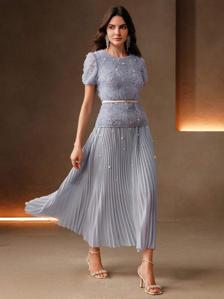 Women's Elegant Date Short Sleeve Pleated Puff Sleeve Embellished Floral Long Dress, Waist Cinching, Fabric Splicing, For Spring, Summer, Festival, Graduation