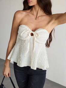 SHEIN Tall Blusa de mujer de unicolor con hombros descubiertos, lazo delantero y volantes texturados, atuendo para conciertos, festivales rave y música country de verano