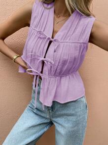 SHEIN Frenchy Áo cánh không tay cổ chữ V buộc phía trước màu trơn cho nữ - Màu tím hoa cà - Xem 7