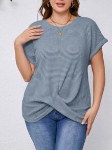 SHEIN Clasi 女式加大码纯色圆领短袖扭腰休闲T恤 - 藍色 - 查看 4