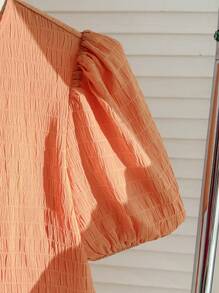 SHEIN Teen Girls Summer Orange Color Plain Color Casual Puff Sleeves Bow Shirts, Minimalist Fashion For Everyday Wear,Casual Daily Wear - Orange - View 5