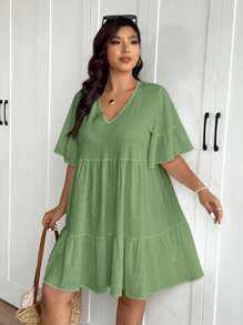 SHEIN Frenchy Váy đi nghỉ chữ A rộng rãi, cổ chữ V, họa tiết kẻ caro cỡ lớn - màu xanh lá - Xem 5
