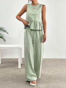 SHEIN EZwear 2pcs Women Green Plaid Woven Crop Top With Ruffle Hem And Pants Set - Green - View 4