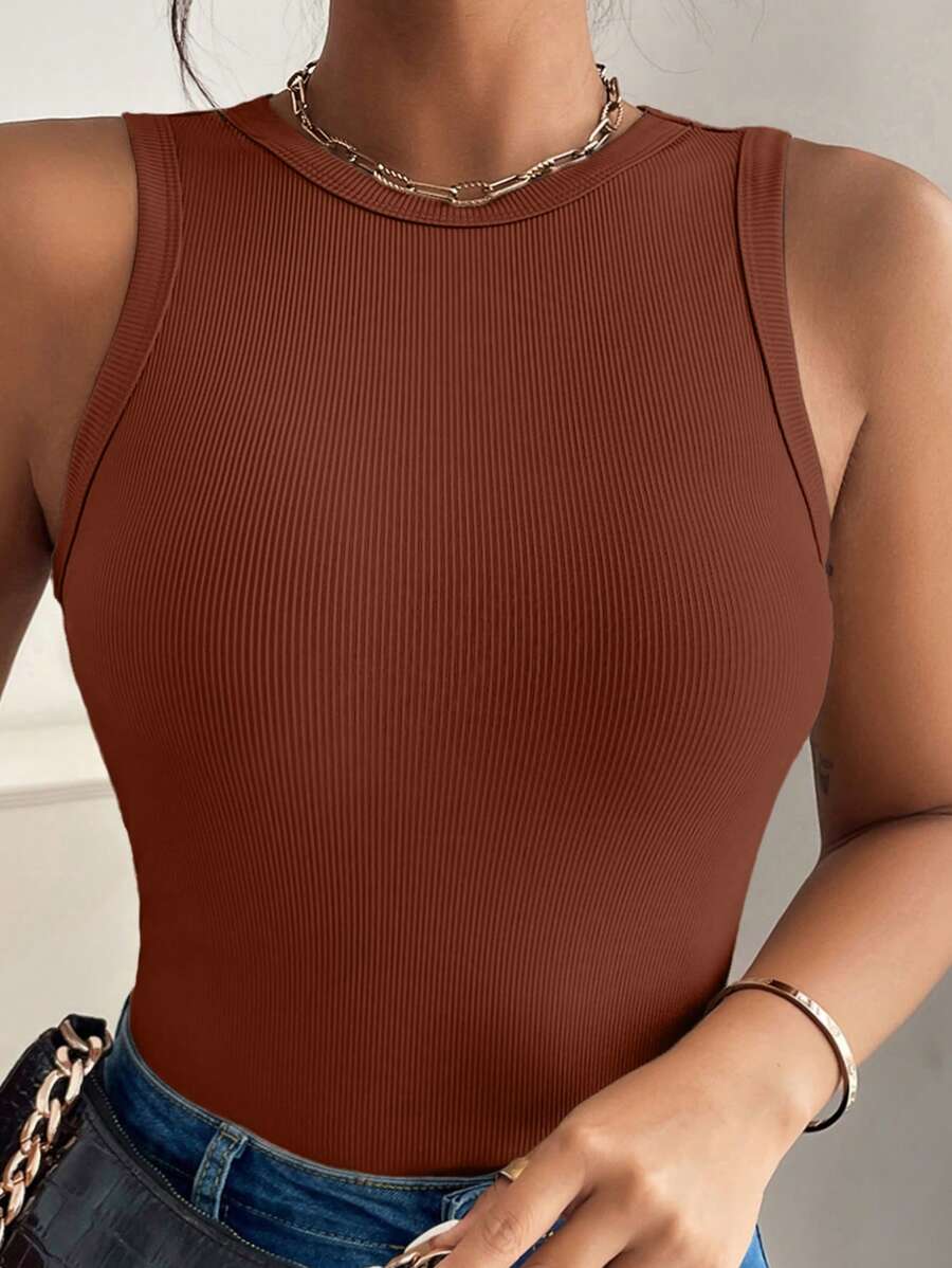 SHEIN VCAY Plus Size Casual Versatile Solid Color Tank Top - Mocha Brown - View 1