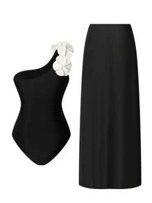 Swim Oasis 2pcs/Set Oblique Shoulder Black Swimsuit With White Floral Decoration & Long Slit Beach Skirt For Summer Beach Vacation