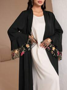 Al Najma 女士纯色长袖阿拉伯长袍，时尚设计，适合夏季，朴素长袍 - 黑色 - 查看 7