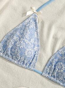 Swim Mod Women's Textured Halter Triangle Bikini Top, Summer Vacation - Blue - View 3