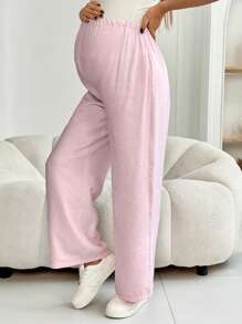 SHEIN Maternity Solid Color Adjustable Waist Wide Leg Loose Casual Pants Women Pants Wide Leg Women Wide Leg Pants Summer Outfits For Women - Pink - View 4