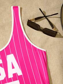 SHEIN EZwear 大码女式 7 月 4 日印花紧身衣 - 玫紅色 - 查看 4