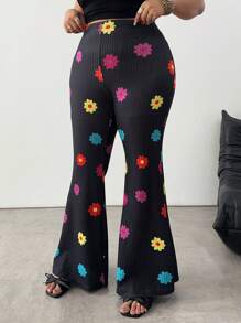 Flirla 大码花卉印花休闲高腰喇叭裤