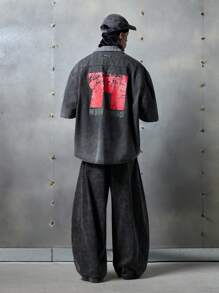 NEON BLANC 男士街头时尚梭织牛仔短袖宽松衬衫，街头风版 - 深灰色 - 查看 2