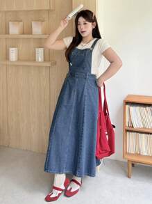 Dazy Plus Dark Washed Denim Pinafore Dress, Suitable For Spring, Summer, And Year-Round Layering