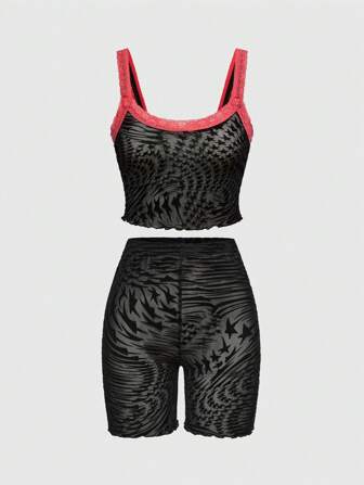 Goth Ensemble de lingerie composé d'un débardeur et d'un short à rayures de tigre contrastées avec dentelle gothique, serré et transparent
