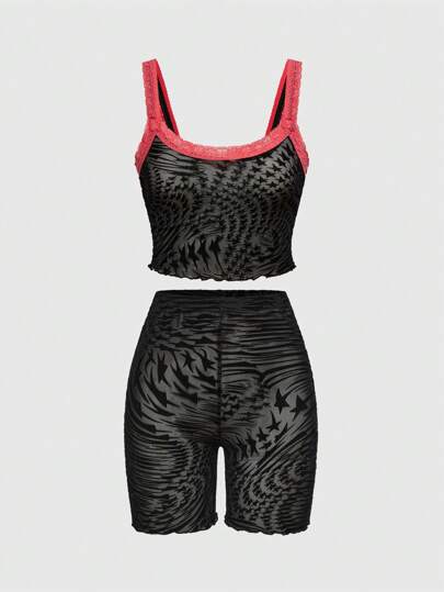 Gothic Lace Bottom Tiger Stripes Contrast Lace Cami & Shorts Lingerie Set, Tight & Sheer
