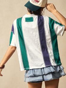 Bohemela BOHO Retro Style Casual Striped Patchwork Collared Short Sleeve Loose Women T-Shirt - Army Green - View 7