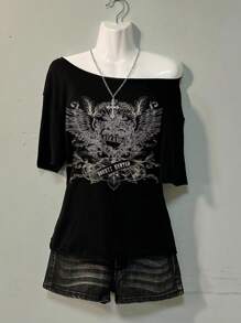 Attitoon Casual Simple Grunge Style Heart Wings Pattern Dropped Shoulder Women T-Shirt, Suitable For Summer, Vacation Style Off The Shoulder Top - Black - View 1
