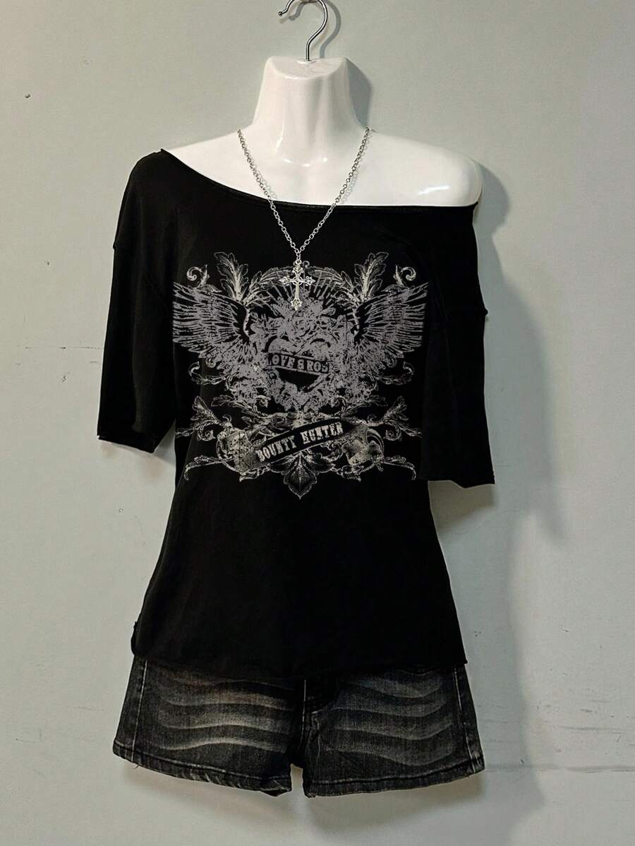 Attitoon Casual Simple Grunge Style Heart Wings Pattern Dropped Shoulder Women T-Shirt, Suitable For Summer, Vacation Style Off The Shoulder Top - Black - View 1