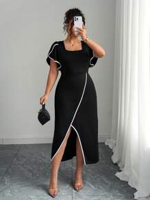 Elenzga Plus Size Color Block Dress With Contrast Trim, Fashionable Summer Wear - Black - View 6