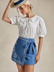 Wildy Women's Teacher Back To School Vintage Modest Cute Old Money Resort Floral Embroidered Side Tie Casual Skort - Dusty Blue - View 4