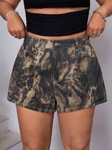 SHEIN EZwear Plus Size Women Snake Skin Print Denim Shorts, Street Style Summer - Brown - View 4