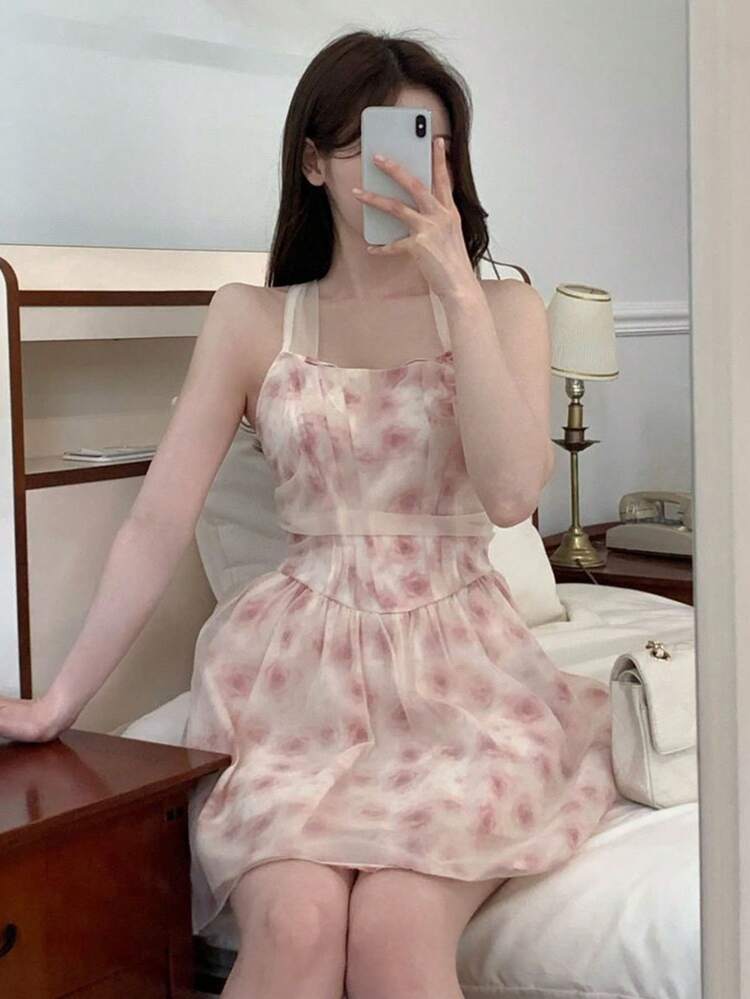 Women's Floral Print Chiffon Halter Neck Tie-Up Summer Short Dress Boho