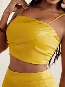 SOPHIA JUDE Golden Satin Overlap Ruching Crop Top Women Summer Outfits