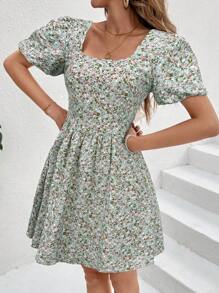 SHEIN Frenchy Women's Ditsy Floral Backless Tie Detail Puff Sleeve Mini Vacation Dress