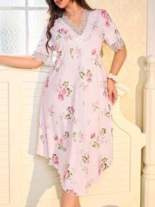 CottageSlumber Plus Size Asymmetrical Hem Romantic Floral Print V-Neck Lace Trim Nightgown Spring Dress For Women - Baby Pink - View 3