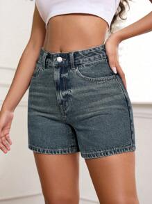 SHEIN PETITE Pantalones cortos de mezclilla casuales y versátiles con bolsillos para mujer - Azul - Ver 6
