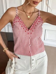 SHEIN Frenchy Áo ba lỗ rộng rãi thiết kế nút kẻ sọc cho nữ - Đỏ và trắng - Xem 5