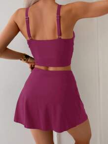 SHEIN Swim 女士纯色 V 领分体泳衣套装，夏季海滩/度假