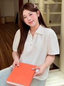 Dazy Plus Solid Color Polo Collar Short Sleeve Regular Fit White Summer T-Shirt Women Summer Sets,Business Casual Women