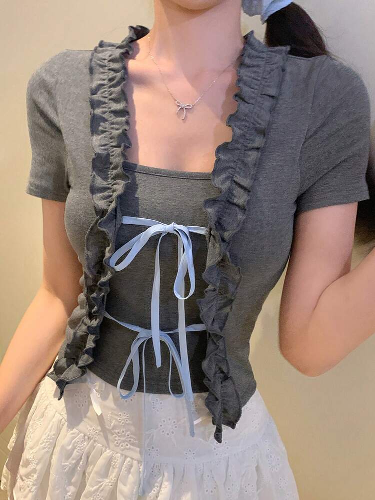 Women's Summer Design Waist Gathered Elegant Blouse, Round Neck Short Puff Sleeve French Style T-Shirt,Crop Tops Women