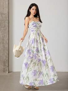 Modelyn Women's Floral Print Ruched Casual Cami Dress - Green - View 2