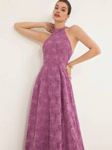 Aveloria Rosie 优雅花卉提花镂空雪纺立领收腰连衣裙，适合度假、浪漫、淑女 - 紫色 - 查看 6