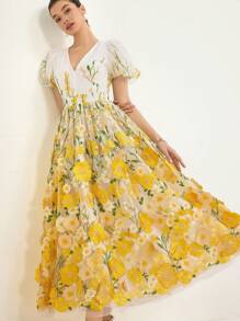 Aveloria Rosie 优雅精致春夏新品高端奢华深V领泡泡袖花卉刺绣网眼泡泡袖长裙女式波西米亚风度假时尚春秋装 - 彩色 - 查看 5