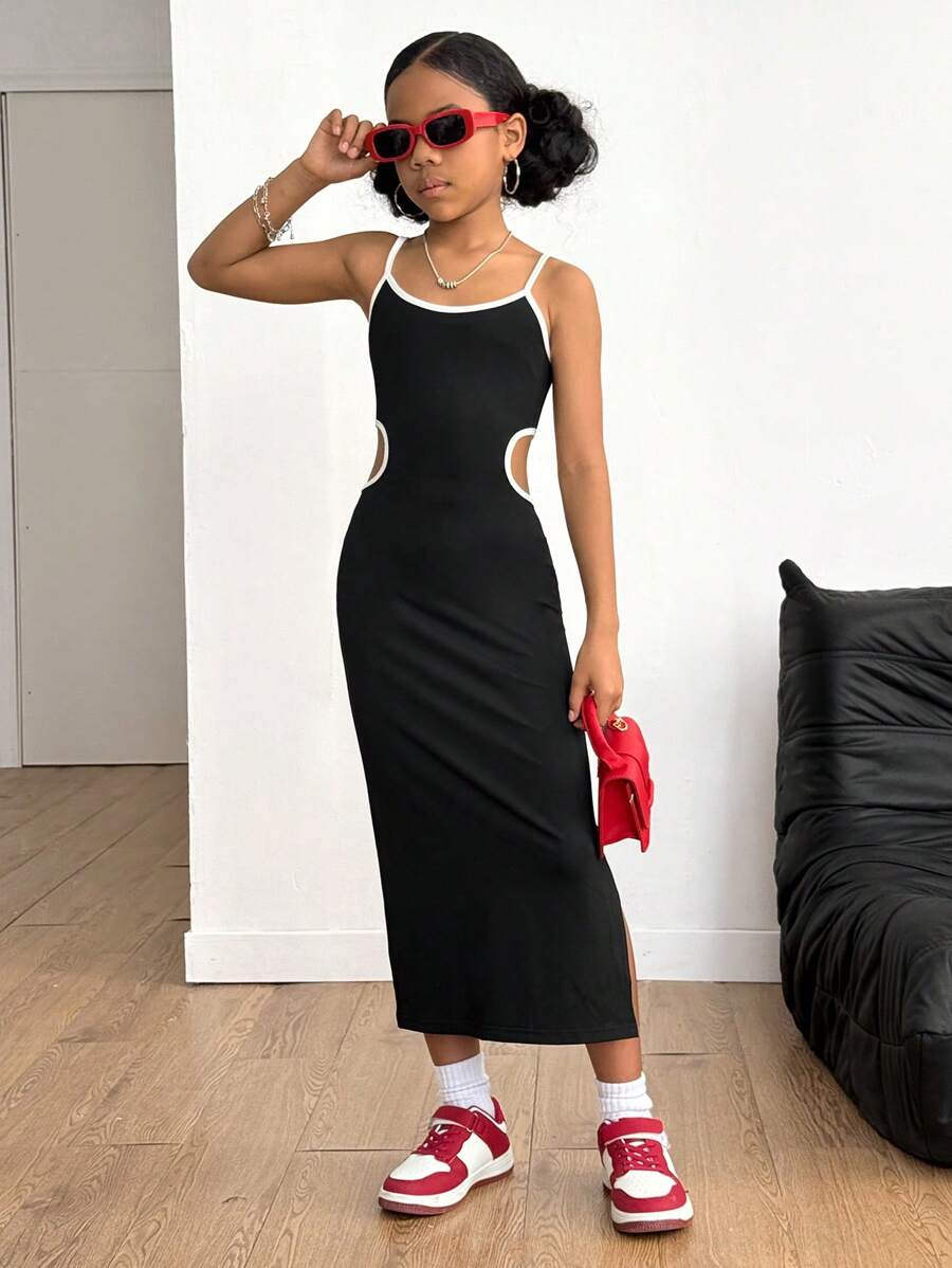SHEIN Explorewe Tween Girl Color Block Camisole & Cutout Waist Cinched Snug Fit Dress - Black - View 1
