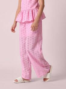 SUMWON Schönes Set aus Peplum-Top mit Broderie Anglaise und weiten Hosen für Sommer, Urlaub, Strandresort, Festival, festliche Anlässe - Pink - Übersicht 4