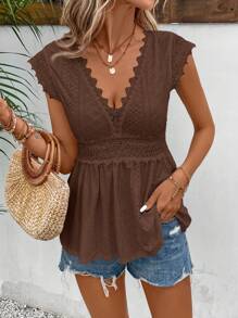 SHEIN Frenchy 女士纯色V领无袖时尚短袖T恤，适合夏季 - 咖啡棕 - 查看 4