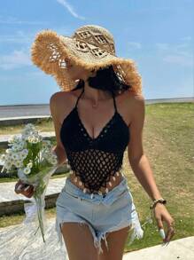 INAWLY Women Solid Color Halter Neck Top, Fashionable For Summer - Black - View 5