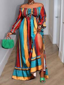 Slaydiva Robe de vacances grande taille, nouvelle arrivée. Convient pour le printemps et l'été. Polyvalente, décontractée, tout-aller, sexy. Imprimé rétro multicolore dégradé rayé. Sans manches, épaules dénudées, manches longues, taille cintrée, fente haute, volants à l'ourlet, coupe évasée ample. - Multicolore - Voir 6