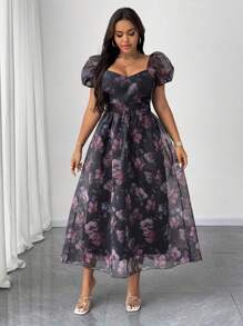 Cravure Organza Printed Sweetheart Neck High Waist Babydoll Dress, Suitable For Wedding Guest, Mother's Day - Multicolor - View 5